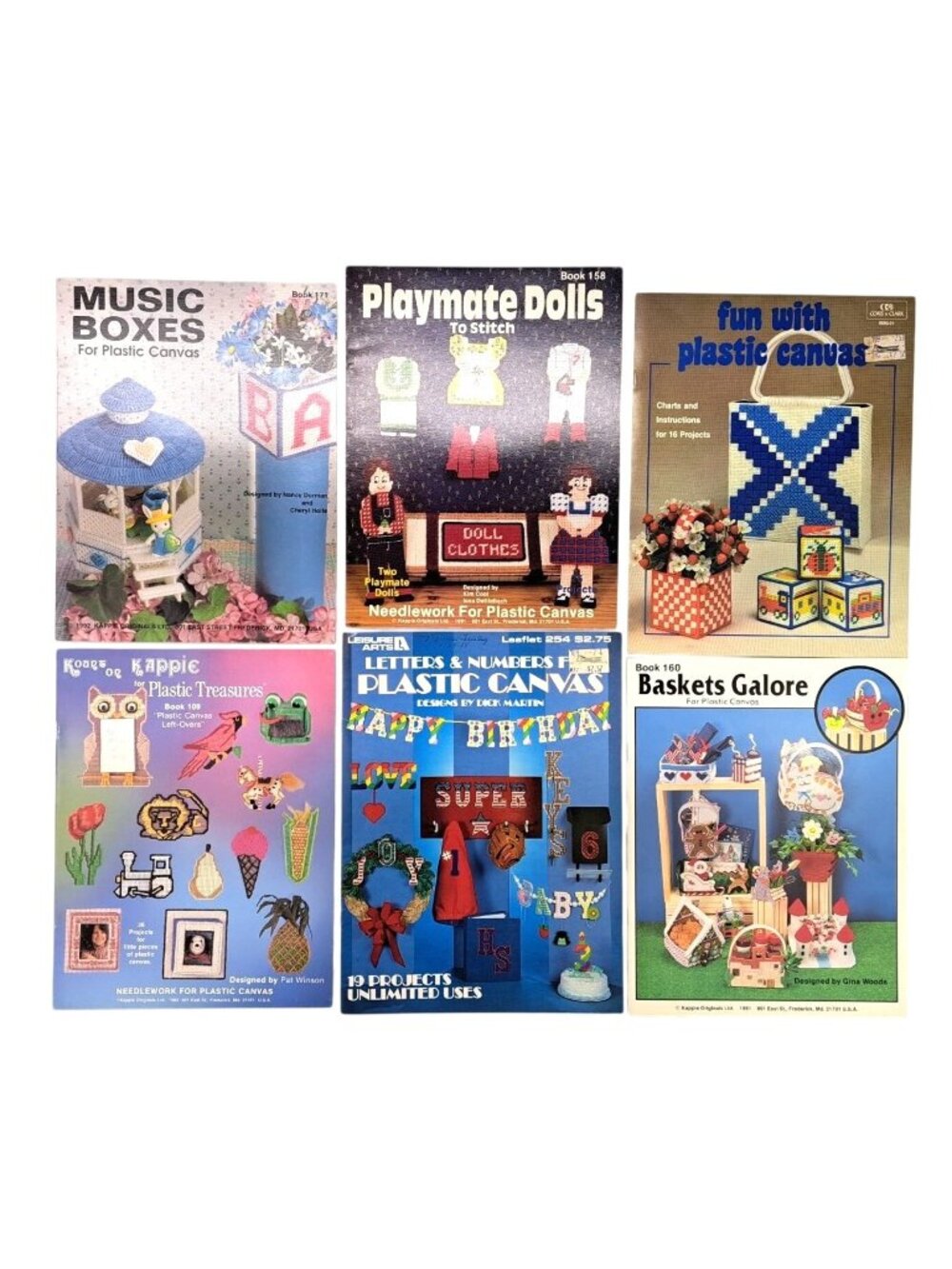 Vintage Plastic Canvas Instruction Pattern Books Lot Of 6 Music Box Dolls Basket